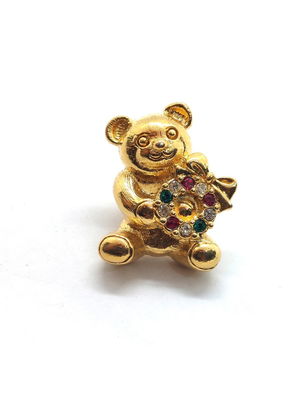 Vintage Teddy Bear Wreath Pin Christmas Rhinestones Holiday Brooch Lapel